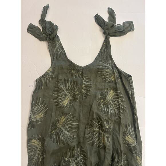 Women’s Small 100% Linen Olive Print Wide Jumpsuit Shoulder Bows Boho Lagenlook - Picture 10 of 16